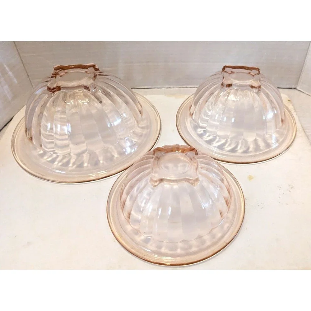 Vtg Hazel Atlas Pink Pillar Optic Ribbed Depression Glass Mixing Bowl Set of 3